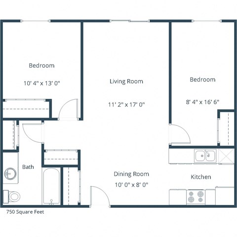 Floor plan for 2 beds, 1 bath