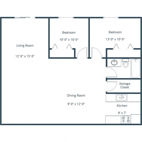 Floor plan for 2 beds, 1 bath