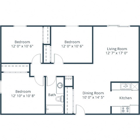 Floor plan for 3 beds, 1 bath, 1200 sqft