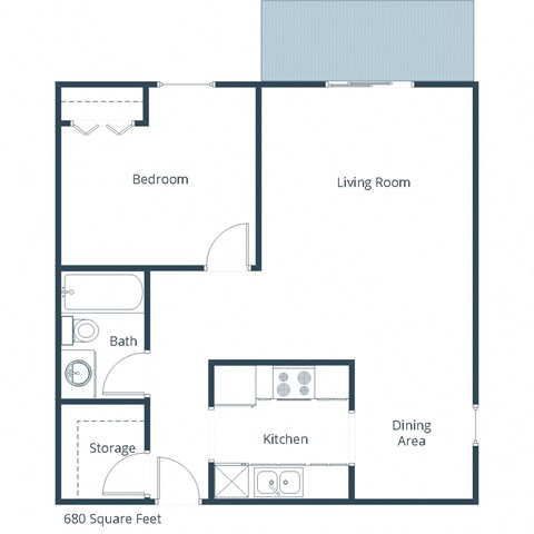 Floor plan for 1 bed, 1 bath, 680 sqft