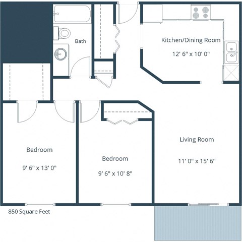 Floor plan for 2 beds, 1 bath, 920 sqft