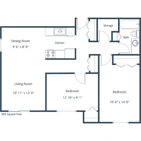 Floor plan for 2 beds, 1 bath, 920 sqft
