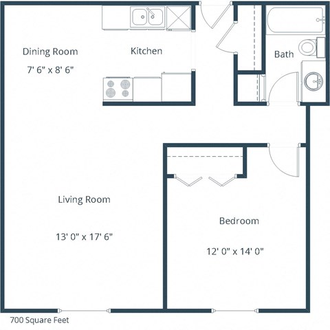 Floor plan for 1 bed, 1 bath, 700 sqft