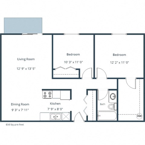 Floor plan for 2 beds, 1 bath, 850 sqft