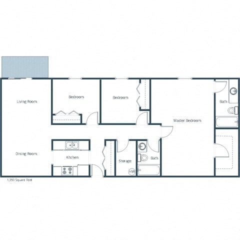 Floor plan for 3 beds, 2 baths, 1350 sqft