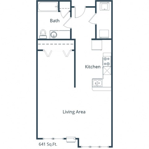 Floor plan for studio, 1 bath, 641 sqft