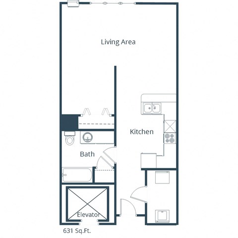 Floor plan for studio, 1 bath, 631 sqft