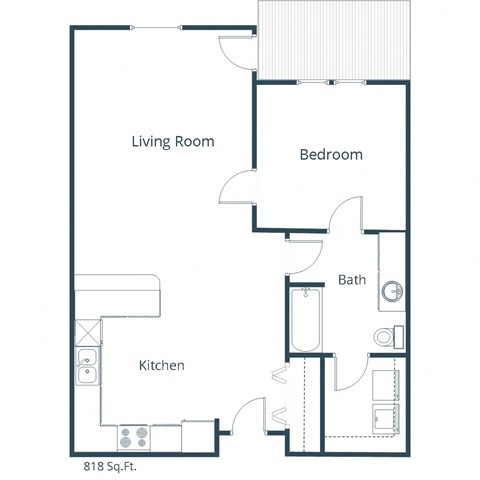 Floor plan for 1 bed, 1 bath, 818 sqft