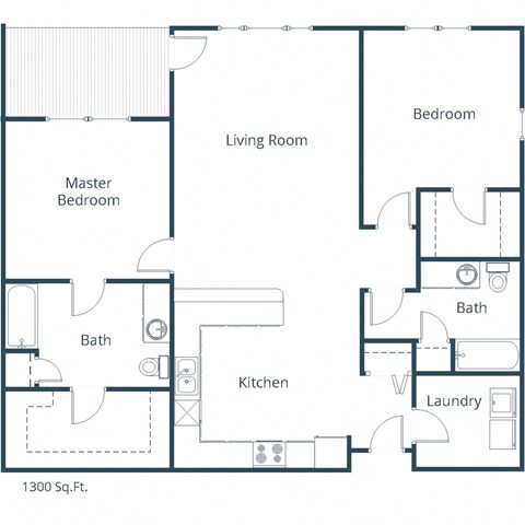 Floor plan for 2 beds, 2 baths, 1300 sqft