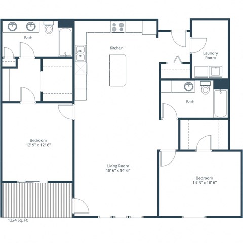 Floor plan for 2 beds, 2 baths, 1324 sqft