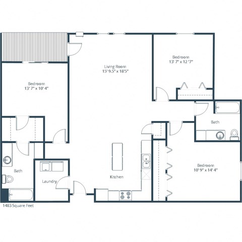 Floor plan for 3 beds, 2 baths, 1483 sqft