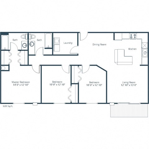Floor plan for 3 beds, 2 baths, 1356 sqft