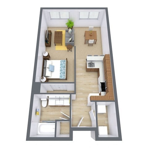 Floor plan for studio, 1 bath, 622 sqft