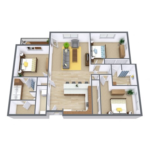 Floor plan for 3 beds, 2 baths, 1477 sqft