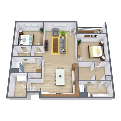 Floor plan for 2 beds, 2 baths, 1299 sqft