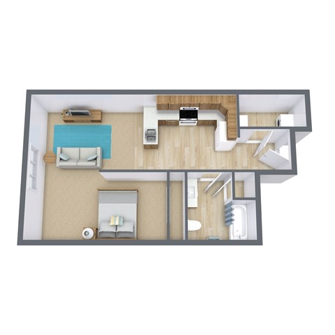 Floor plan for studio, 1 bath, 631 sqft