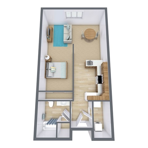 Floor plan for studio, 1 bath, 631 sqft