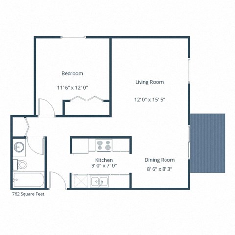 Floor plan for 1 bed, 1 bath, 762 sqft