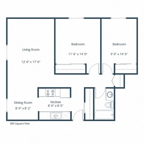 Floor plan for 2 beds, 1 bath, 944 sqft