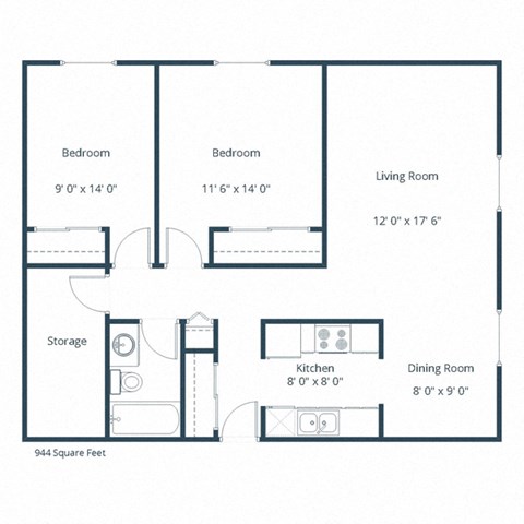 Floor plan for 2 beds, 1 bath, 944 sqft