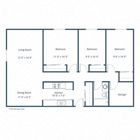 Floor plan for 3 beds, 1 bath, 1078 sqft
