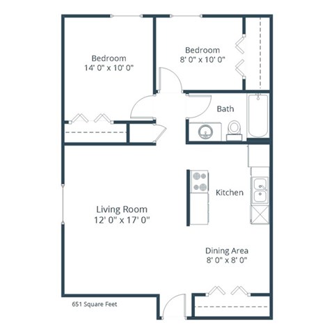 Floor plan for 2 beds, 1 bath, 750 sqft