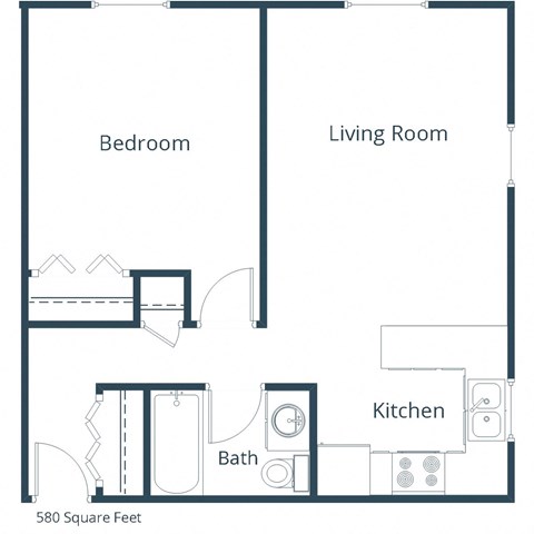 Floor plan for 1 bed, 1 bath, 580 sqft
