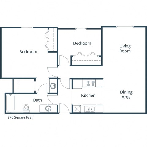 Floor plan for 2 beds, 1 bath, 870 sqft