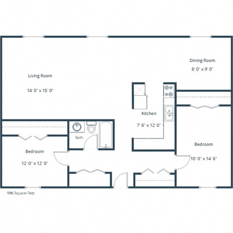 Floor plan for 2 beds, 1 bath, 996 sqft