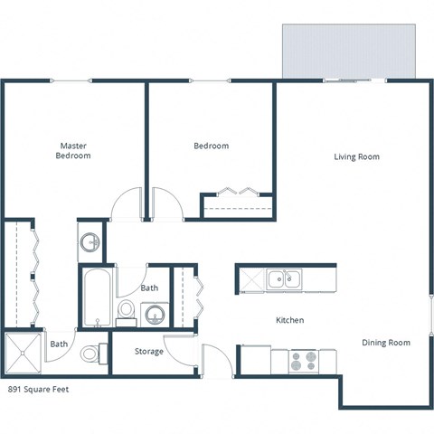 Floor plan for 2 beds, 1.8 baths, 891 sqft
