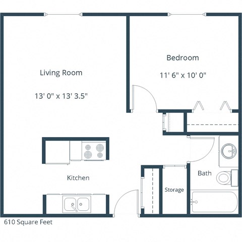 Floor plan for 1 bed, 1 bath, 610 sqft