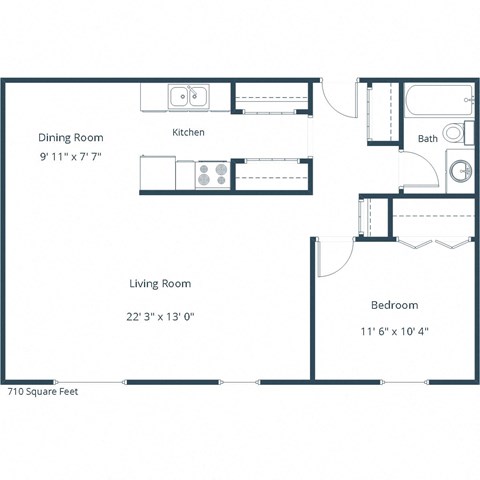 Floor plan for 1 bed, 1 bath, 710 sqft