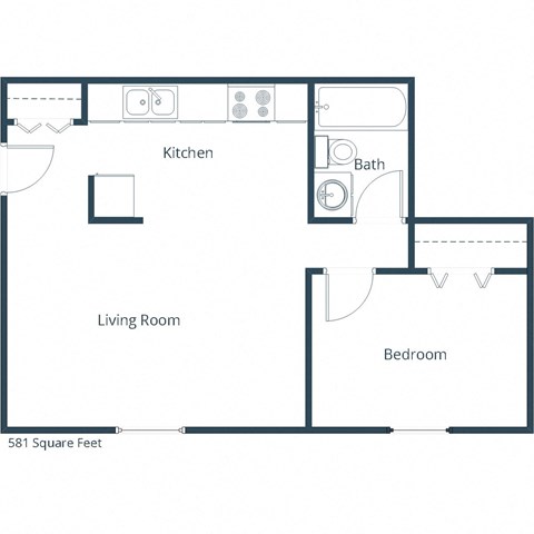 Floor plan for 1 bed, 1 bath, 581 sqft