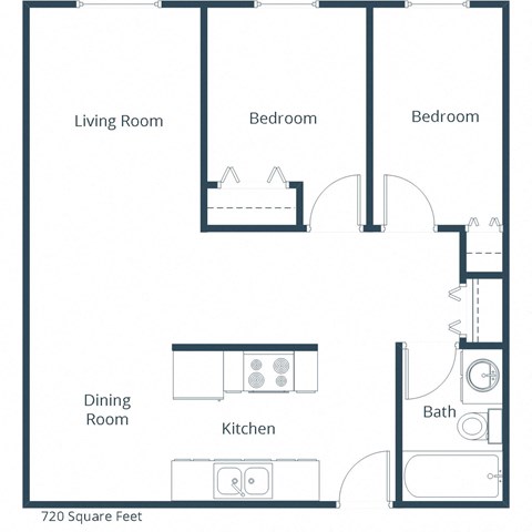 Floor plan for 2 beds, 1 bath, 720 sqft