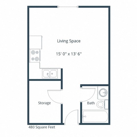 Floor plan for studio, 1 bath, 480 sqft
