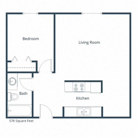 Floor plan for 1 bed, 1 bath, 578 sqft