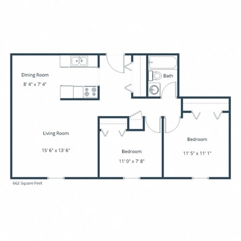 Floor plan for 2 beds, 1 bath, 662 sqft
