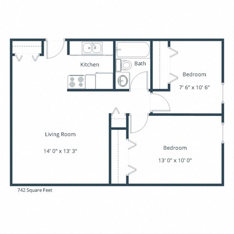 Floor plan for 2 beds, 1 bath, 742 sqft