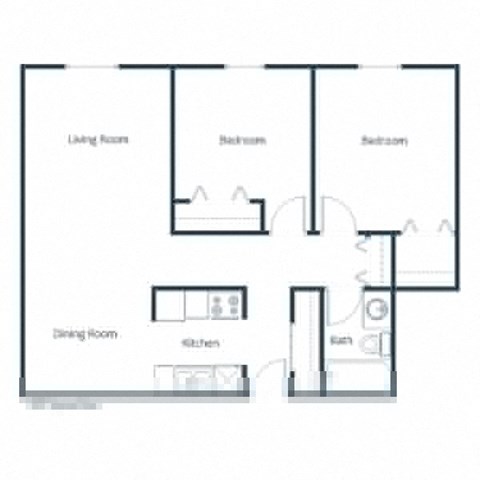 Floor plan for 2 beds, 1 bath, 697 sqft