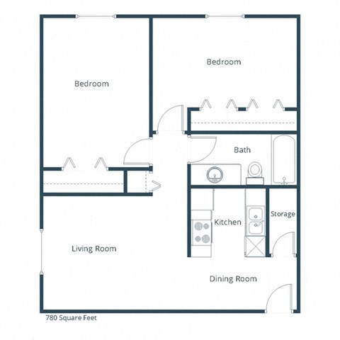 Floor plan for 2 beds, 1 bath, 780 sqft