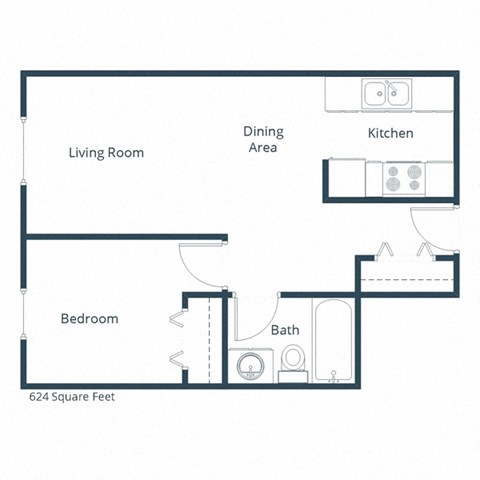 Floor plan for 1 bed, 1 bath, 624 sqft