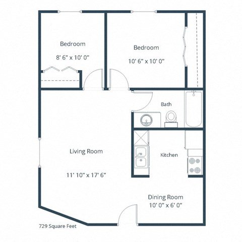 Floor plan for 2 beds, 1 bath, 729 sqft
