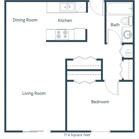 Floor plan for 1 bed, 1 bath, 714 sqft