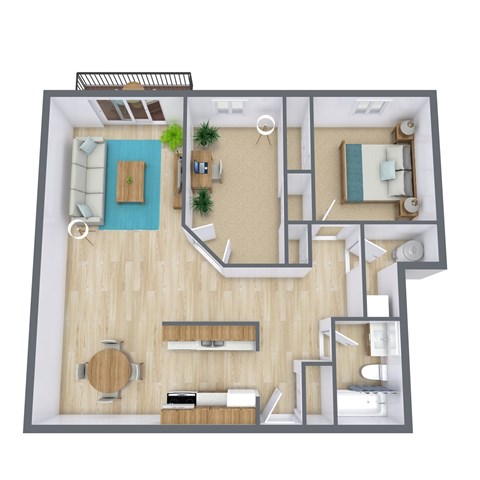 Floor plan for 1 bed, 1 bath, 965 sqft