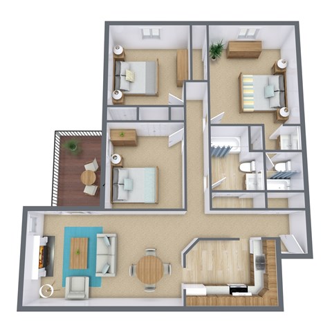 Floor plan for 3 beds, 2 baths, 1200 sqft