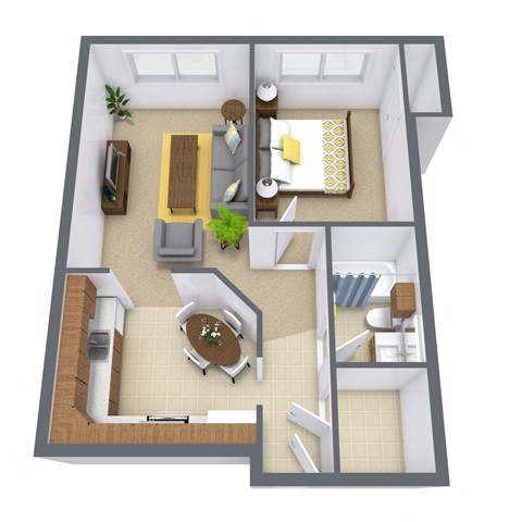 Floor plan for 1 bed, 1 bath, 702 sqft
