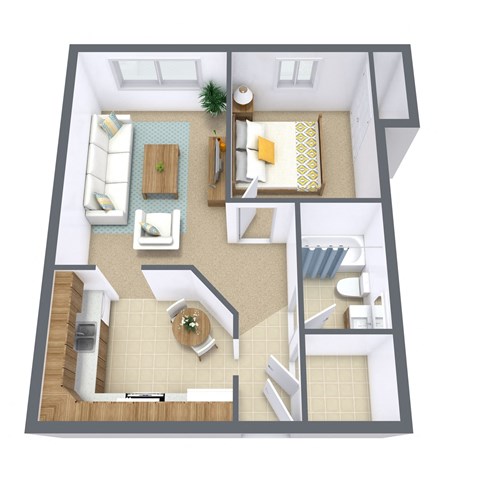 Floor plan for 1 bed, 1 bath, 680 sqft