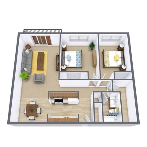 Floor plan for 2 beds, 1 bath, 915 sqft