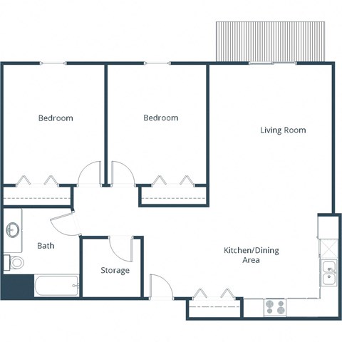 Floor plan for 2 beds, 1 bath, 868 sqft