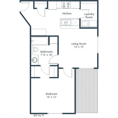 Floor plan for 1 bed, 1 bath, 756 sqft